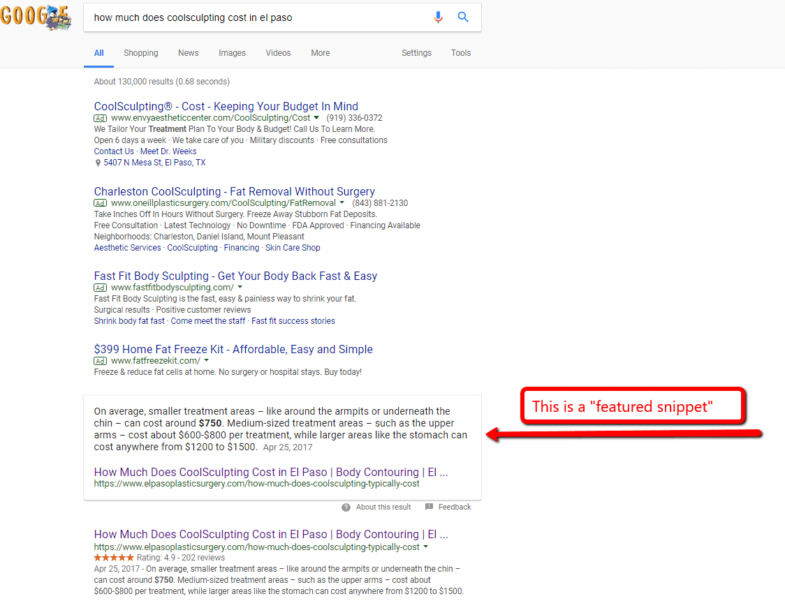 featured snippet in search results