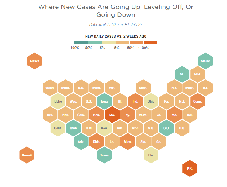 New Daily Coronavirus Cases by State Over Past 2 Weeks - Stats from NPR